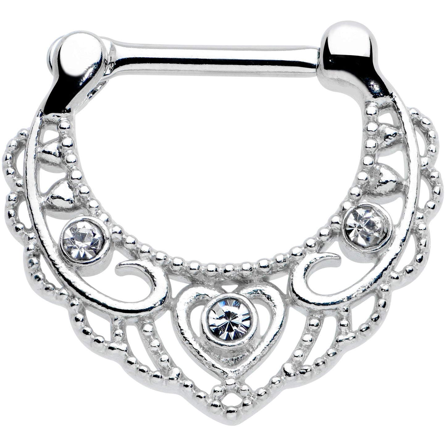 16G 5/16 Clear Gem Textured Baroque Heart Cartilage Clicker
