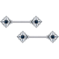 14G 9/16 Clear Blue Gem Textured Rhombus Cross Nipple Ring Set