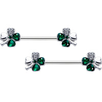 14G 9/16 Clear Green Gem Shamrock St Patricks Day Nipple Ring Set