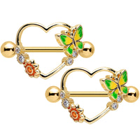 14G 9/16 Clear CZ Gem Gold Tone Butterfly Heart Nipple Shield Set
