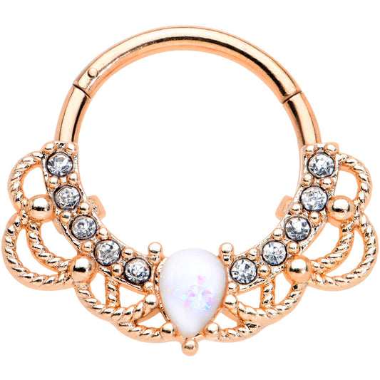 16G 3/8 White Faux Opal Rose Gold Tone Lace Hinged Segment Ring
