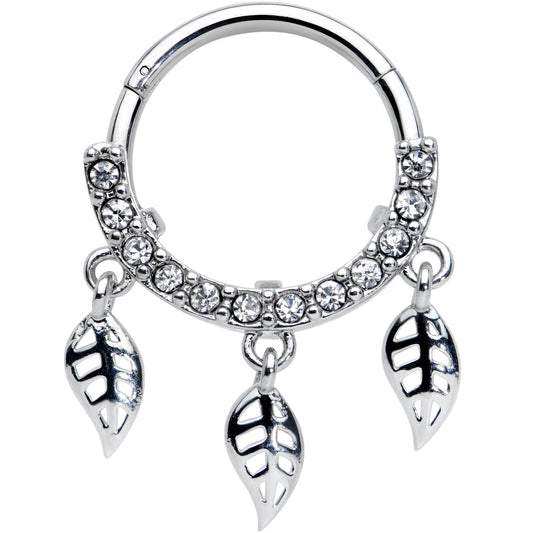 16G 3/8 Clear Gem Open Leaf Dangle Hinged Segment Ring