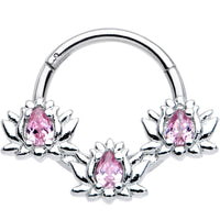16G 3/8 Pink CZ Gem Triple Lotus Hinged Segment Ring