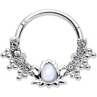 16G 3/8 White Faux Opal Stylized Lotus Hinged Segment Ring