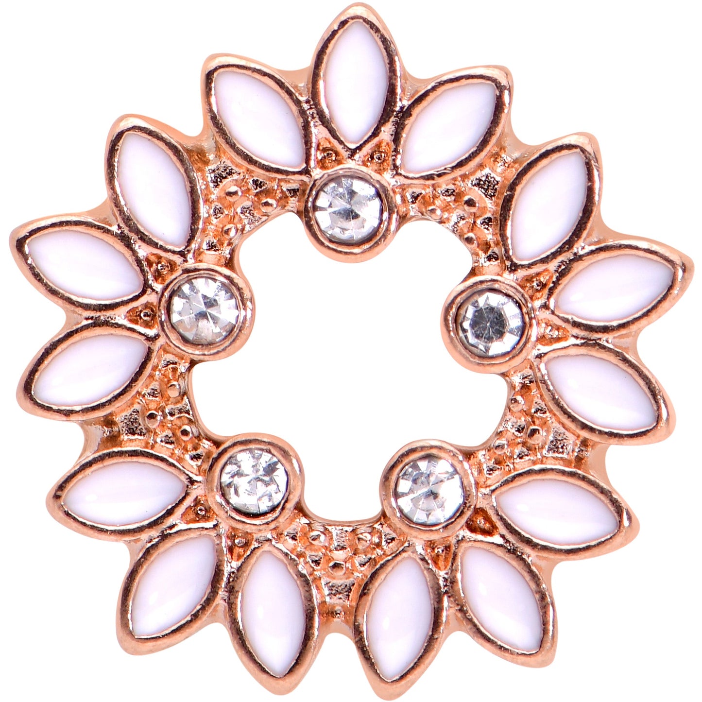 2G Clear Gem Rose Gold Hue White Leaves Screw Fit Tunnel Plug Set