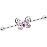 14G Pink Gem Lacy Butterfly Industrial Barbell 38mm