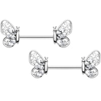 14G 9/16 Clear Gem Lacy Butterfly Barbell Nipple Ring Set