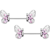 14G 9/16 Pink Gem Lacy Butterfly Barbell Nipple Ring Set