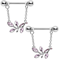 14G 9/16 Pink Gem Leaves of Love Chain Dangle Nipple Ring Set