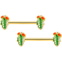 14G 11/16 Gold Hue Acorn Pine Cone Autumn Barbell Nipple Ring Set