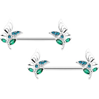 14G 9/16 Blue Green Gem Floral Butterfly Nipple Ring Set