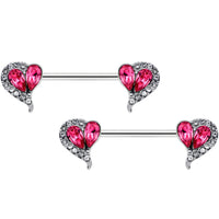 14G 9/16 Clear Pink Gem Curve Heart Valentines Nipple Ring Set