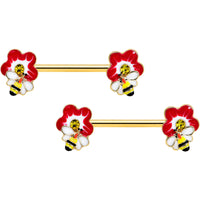 14G 9/16 Yellow Gem Gold Tone Queen Bee Flower Nipple Ring Set