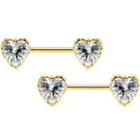 14G 9/16 Clear CZ Gold Tone Heart Love Valentine Nipple Ring Set