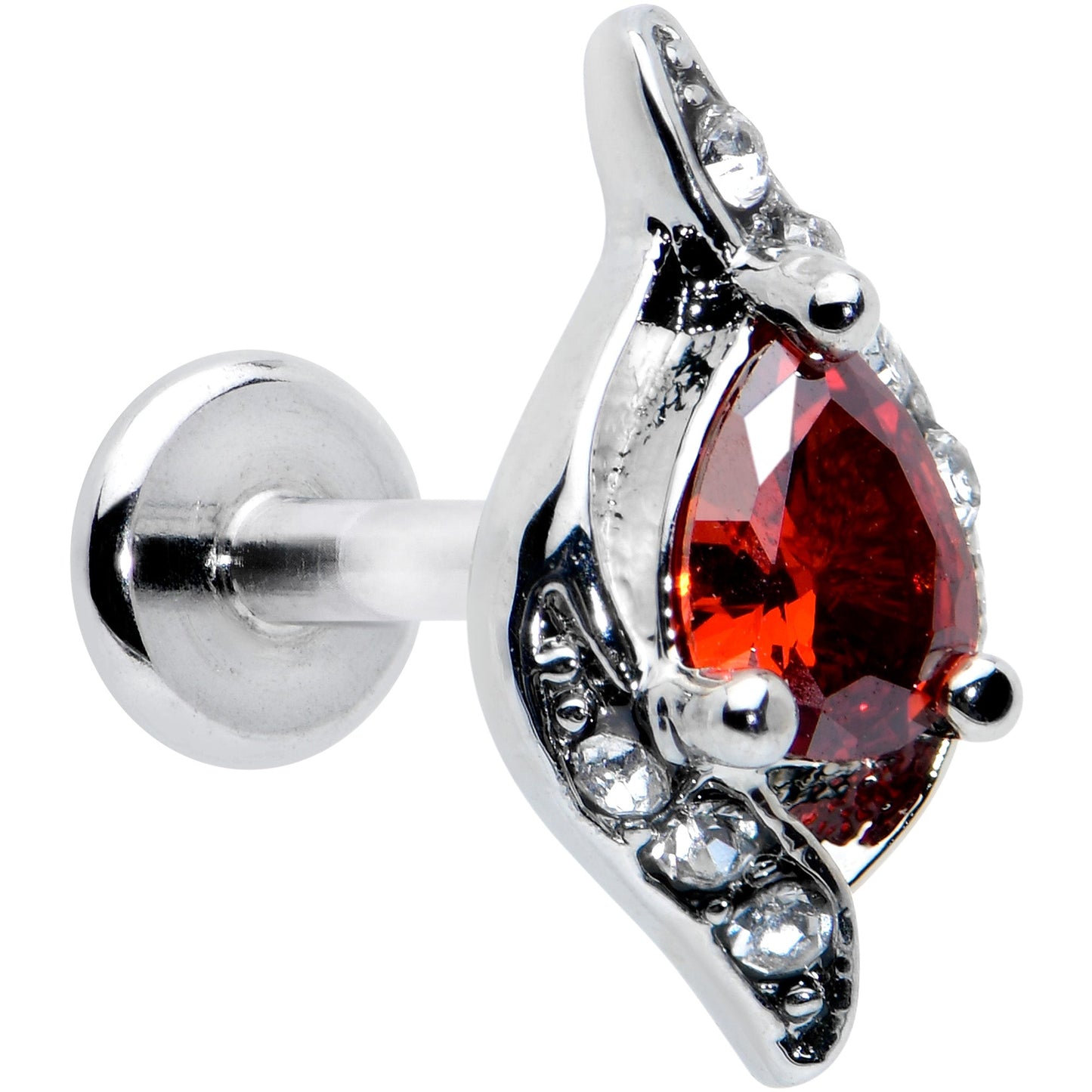16G 1/4 Clear Red Gem Swirling Oval Labret Monroe Tragus
