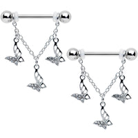 14G 9/16 Clear Gem Open Butterfly Chain Dangle Nipple Ring Set