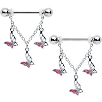 14G 9/16 Pink Gem Open Butterfly Chain Dangle Nipple Ring Set