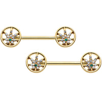 14G 9/16 Clear Green Gem Gold Hue Pot Leaf Circle Nipple Ring Set