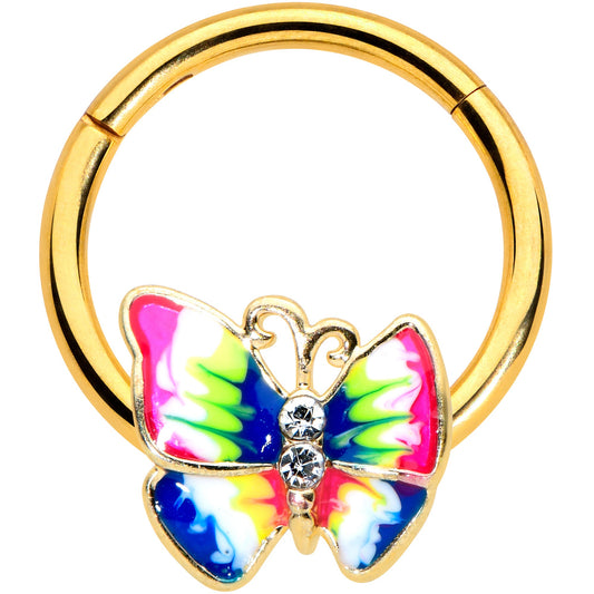 16G 3/8 Clear Gem Gold Tone Bright Butterfly Hinged Segment Ring