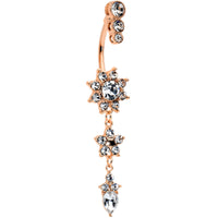 Clear Gem Rose Gold Tone Trio Top Double Flower Drop Dangle Belly Ring