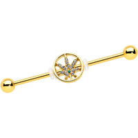 14G Clear Gem Gold Tone Pot Leaf Circle Industrial Barbell 38mm