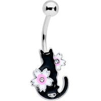 Clear Gem Black Cat Pink Flowers Belly Ring