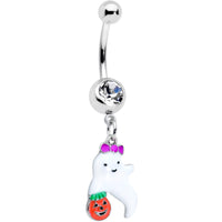 Clear Gem Trick or Treat Purple Bow Ghost Halloween Dangle Belly Ring