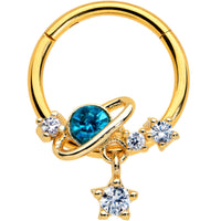 16G 3/8 Clear CZ Gem Gold Hue Blue Saturn Star Hinged Segment Ring