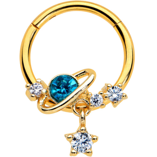 16G 3/8 Clear CZ Gem Gold Hue Blue Saturn Star Hinged Segment Ring