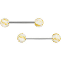 14G 9/16 Matte White Splatter Barbell Nipple Ring Set