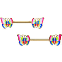 14G 9/16 Clear Gem Gold Tone Bright Butterfly Nipple Ring Set