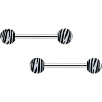 14G 9/16 Matte White Zebra Stripe Barbell Nipple Ring Set