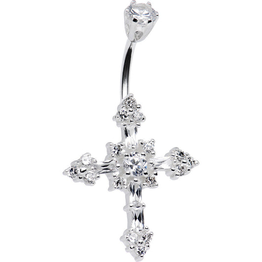 Sterling Silver 925 Crystalline Cubic Zirconia CROSS Belly Ring