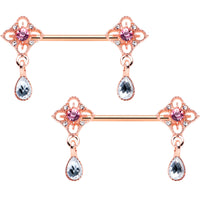 14G 9/16 Purple Grey Gem Rose Gold Tone Dangle Nipple Ring Set
