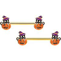 14G 9/16 Gold Hue Black Witch Cat Pumpkin Barbell Nipple Ring Set