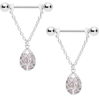 14G 9/16 Pink Rose Quartz Drop Tree Chain Dangle Nipple Ring Set