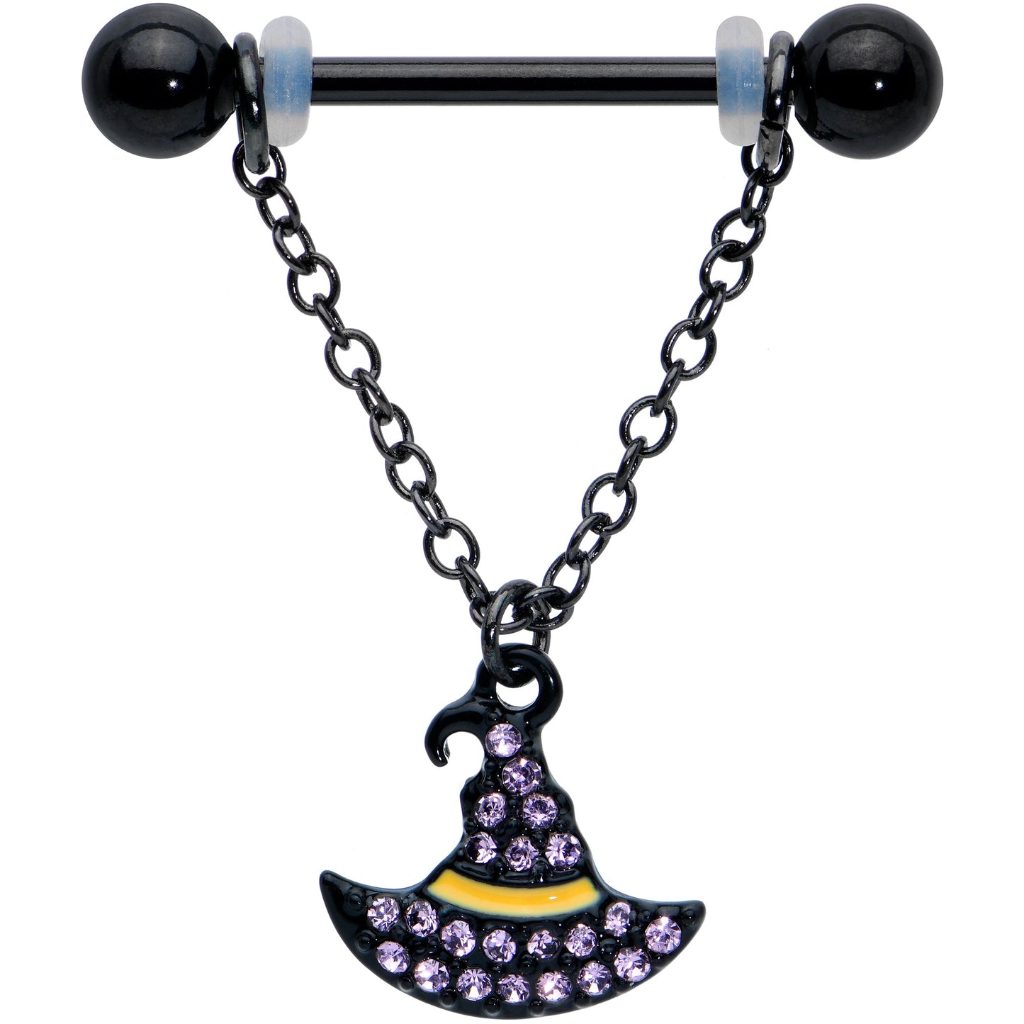 14G 9/16 Clear Gem Black Witch Hat Chain Dangle Nipple Ring Set