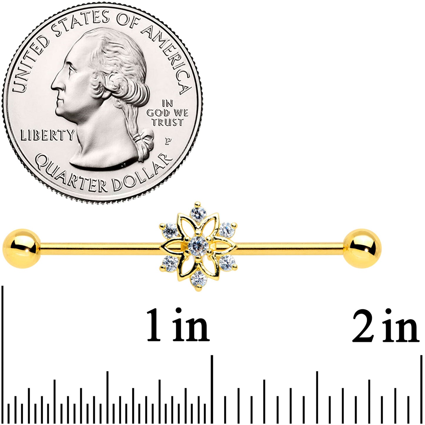 14G Clear Gold Tone Flower SnowflakeChristmas Industrial Barbell 38mm