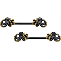 14G 9/16 Black Understated Octopus Barbell Nipple Ring Set