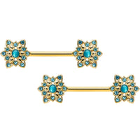 14G 9/16 Aqua Gem Gold Tone Snowflake Christmas Nipple Ring Set