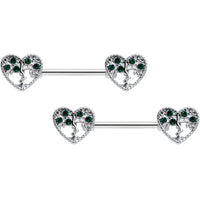14G 9/16 Green Gem Heart Tree Valentine Nipple Ring Set