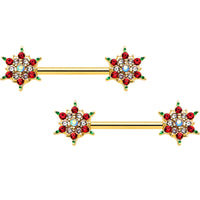 14G 9/16 Red Gem Gold Hue Bright Christmas Barbell Nipple Ring Set