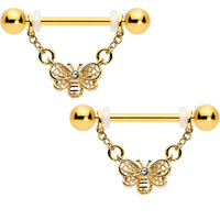 14G 5/8 Clear Gem Gold Tone Chain Dangle Barbell Nipple Ring Set