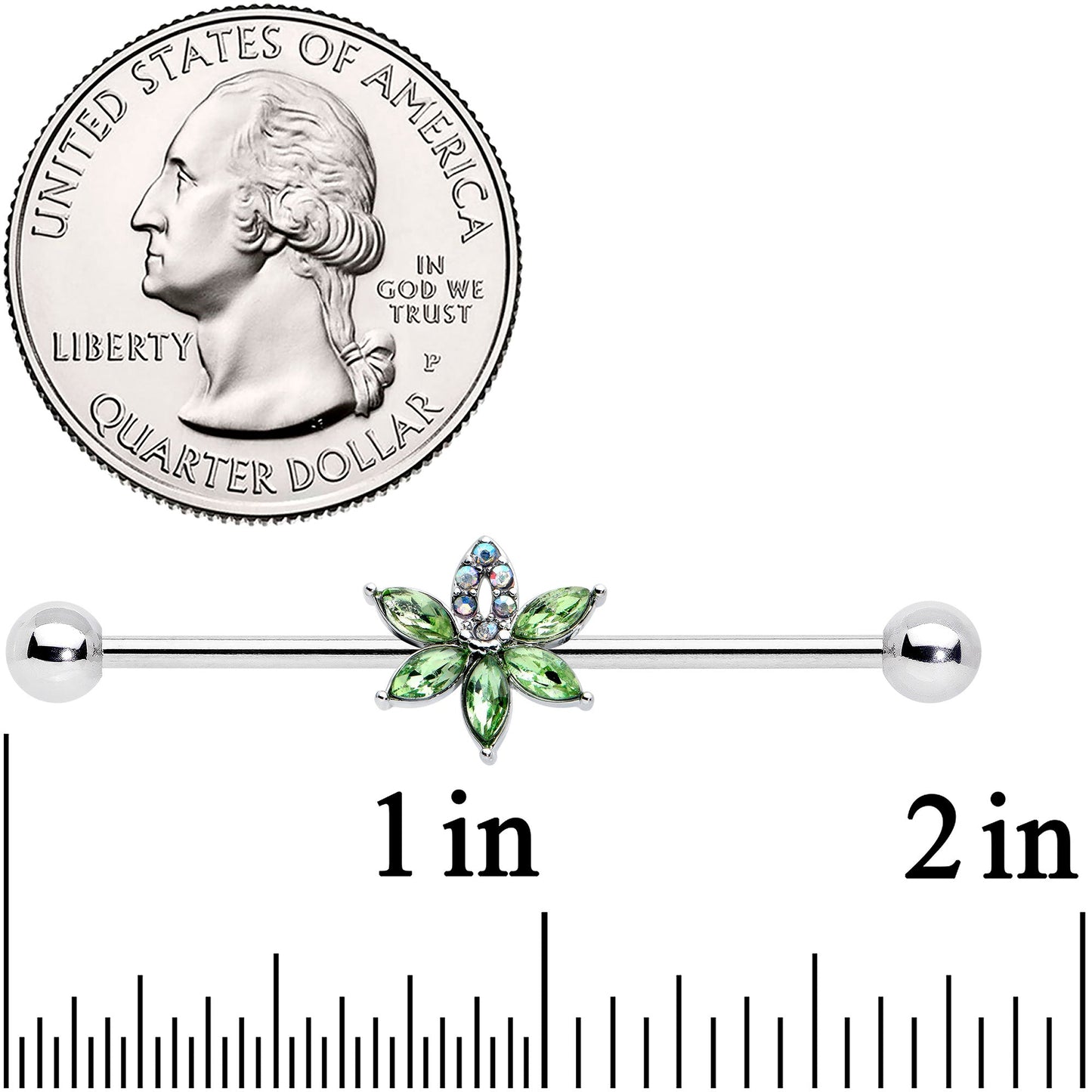 14G Aurora Green Gem Pot Leaf Industrial Barbell 38mm