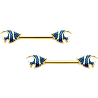 14G 9/16 Gold Tone Blue Stripe Adorable Angelfish Nipple Ring Set