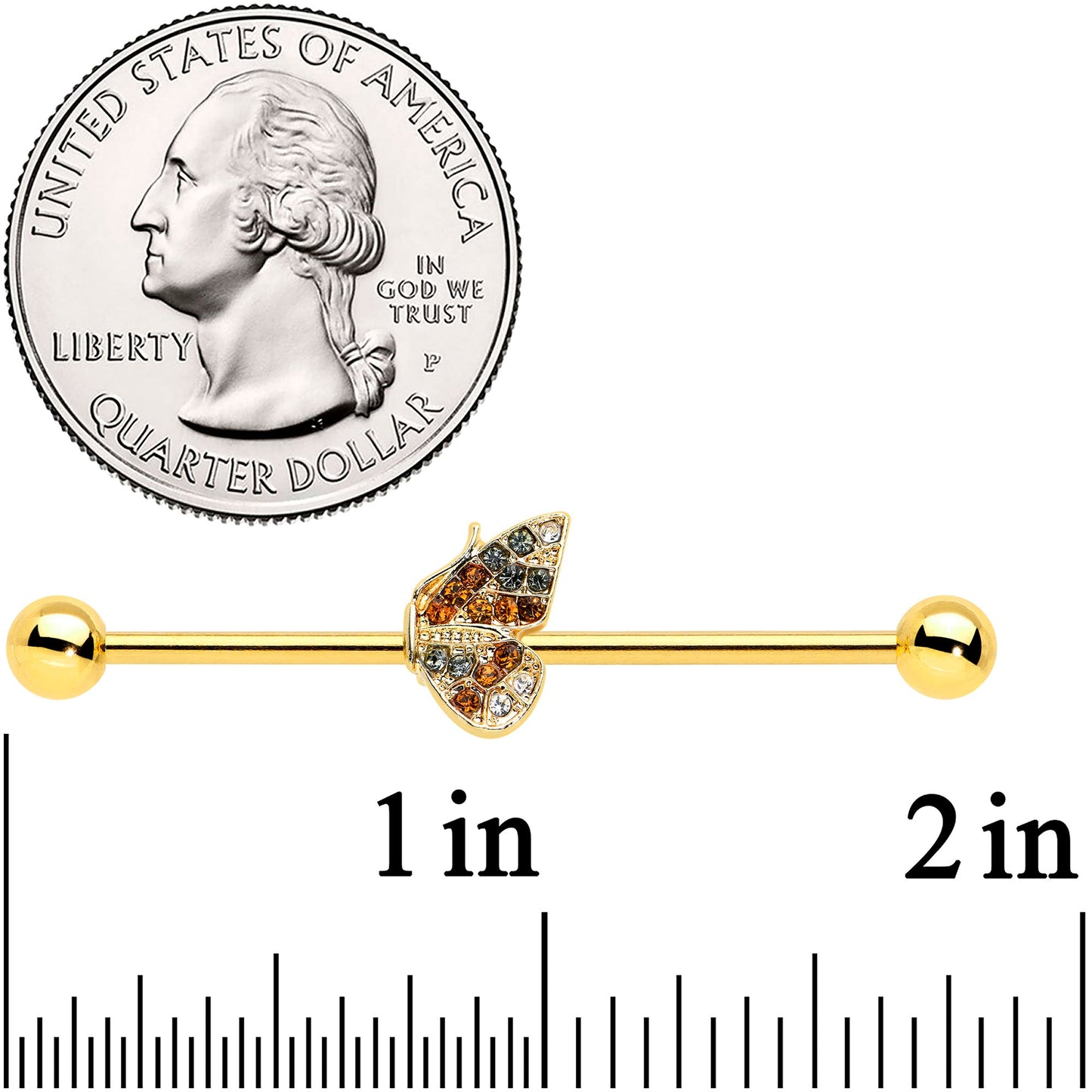 14G Clear Orange Gem Gold Hue Baroque Butterfly Industrial Barbell 38mm