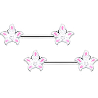 14G 9/16 Pearlescent Orb Pink White Flower Barbell Nipple Ring Set
