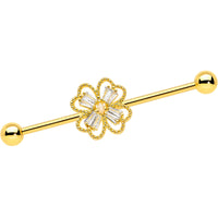 14G Clear Gem Gold Tone Textured Cross Industrial Barbell 38mm