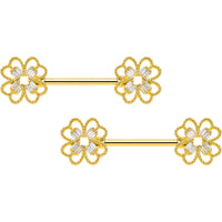 14G 5/8 Clear Gem Gold Tone Texture Cross Barbell Nipple Ring Set