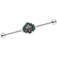 14G Pink Green Gem Stylized Leaf Industrial Barbell 38mm